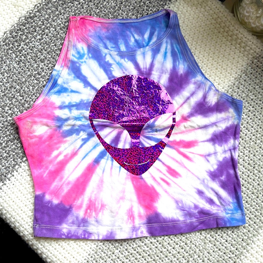 Tie dye & holographic alien crop top